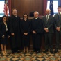Left to right: Mac Morey and Mathri Thannikkotu, Wechsler winners from the University of Miami Law School; Hon. William J. Hochul, Jr.’84, the United States Attorney for the Western District of New York; Hon. Erin M. Peradotto ’84, Associate Justice of the New York State Supreme Court, Appellate Division, Fourth Department; Hon. Eugene F. Pigott, Jr. ’73, Associate Judge of the New York Court of Appeals; and John Kennelly and Nick Christianson from the University of North Dakota, who placed second. 