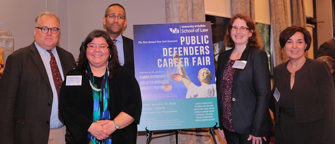 Left: David C. Schopp, CEO, Legal Aid Bureau of Buffalo, Inc., Lisa M. Patterson, Vice Dean for Career Services Back Left: Stan Germán, Executive Director, New York County Defender Services - Right: Susan C. Bryant, Acting Director, New York State Defenders Association, Joanne Macri, Esq., Statewide Chief Implementation Attorney, NYS Office of Indigent Legal Services. 