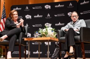 Zoom image: Dean Aviva Abramovsky led the evening's conversation with Justice Ginsburg. 