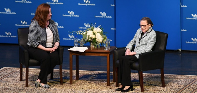Dean Abramovsky with Justice Ruth Bader Ginsburg on stage. 