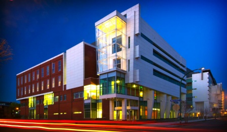 An image of the New York State Center of Excellence in Bioinformatics Life Sciences on UB's downtown campus. 