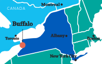 Colorful, illustrated map of the western New York region boardering Canada with Buffalo, Toronto, Montreal, Albany, New York City and Boston identified. 
