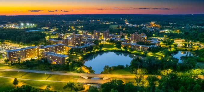 Aerial view of UB North Campus during sunset. 