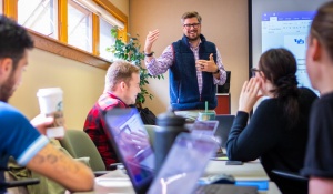 professor holding a group discussion. 