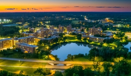 aerial photo of UB north campus at sunset. 