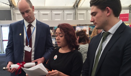 Law students deliver scrolls of signatures from the Buffalo Niagara region to Michael Brune, the executive director of the Sierra Club. The signatures are a climate justice pledge requesting that President Obama “lead the world to a universal agreement to cut greenhouse gases.”. 