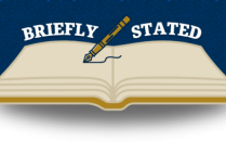 Illustration of an open book with a fountain pen writing across its pages and the words &ldquo;Briefly Stated&rdquo; above the book. 