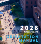 Aerial view of students walking along a campus pedestrian walkway between academic buildings. Text reads: “2026 New Student Orientation Manual.”. 