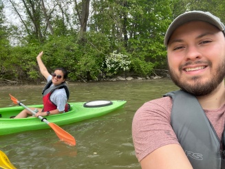 woman and man kayaking. 