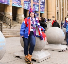 Haley in front of City Hall, wearing Bulls' clothing. 