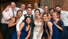 Zoom image: Front left to right: Michelle Schwach Miecznikowski '08, Sunny Noh '08, Seth Molisani '08 (groom), Erin Cole '08 (bride), Kimberlee DeFazio '08, and Susan Becker '08. Back left to right: John Gerken '05, Ryan Haggerty '09, Jeffrey Gleason '08, Paul Perrier '08, Jacqueline Bain '08, Amy Gavlik '08, and Burton Phillips '08. 