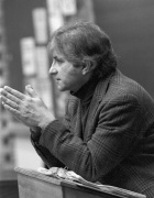 black and white photo of Prof. JProf. James B. Atleson standing at a podium, teaching a class. 