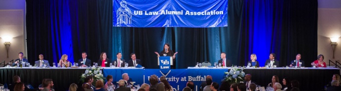 photo of the room decorated for the alumni awards dinner. 