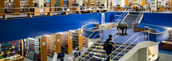 interior of the law library's lobby and large stairway. 