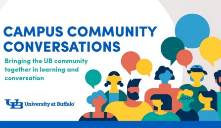 Graphic promoting Campus Community Conversations at the University at Buffalo, with the text “Campus Community Conversations: Bringing the UB community together in learning and conversation” and illustrations of people with speech bubbles. 