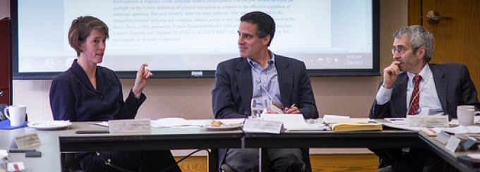 Jaeckle Center Director James Gardner (center) with guests Zephyr Teachout (Fordham) and Richard Briffault (Columbia) participate in a discussion on "Under the Influence? Interest Groups, Lobbying, and Campaign Finance". 