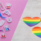 Female figure surrounded with femal reproductive health products on left, stethoscope with two rainbow hearts and rainbow ribbon on right. 