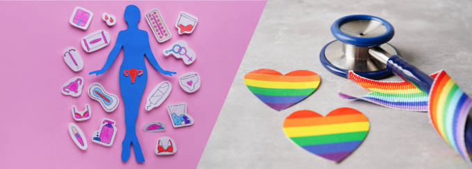 Female figure surrounded with femal reproductive health products on left, stethoscope with two rainbow hearts and rainbow ribbon on right. 