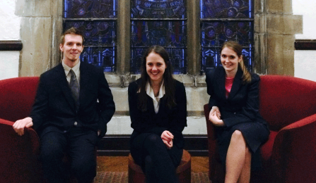 Student coach Christine Sullivan '15 (center) with teammates John Darnall '16 and Amy Counter '16. 