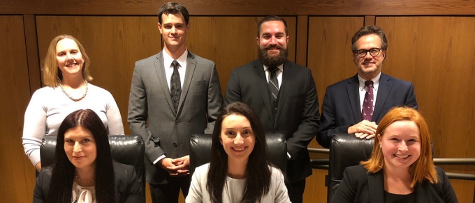 1st row: Elena H. Smith '18, Angela M. Carson '19, Morgann K. Obrochta '20 2nd row: Jennifer R. Scharf '05 (Coach and Co-Director of Trial Advocacy), Connor C. Dougherty '19, Jonathan D. Francisco '20, Hon. Thomas P. Franczyk (Coach and Co-Director of Trial Advocacy). 