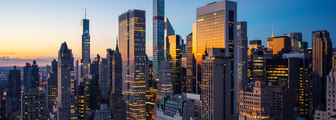 New York City skyline at night. 
