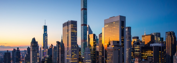 New York City skyline at night. 