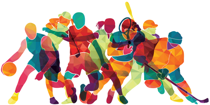 colorful illustration of various figures playing different sports. 