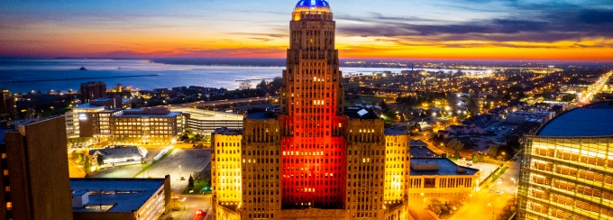 Aerial image of Buffalo City Hall. 