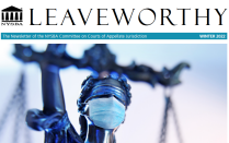 Cover of the Leaveworthy newsletter, image of lady justice statue. 
