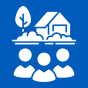 Icon with farm with three people on a blue background. 