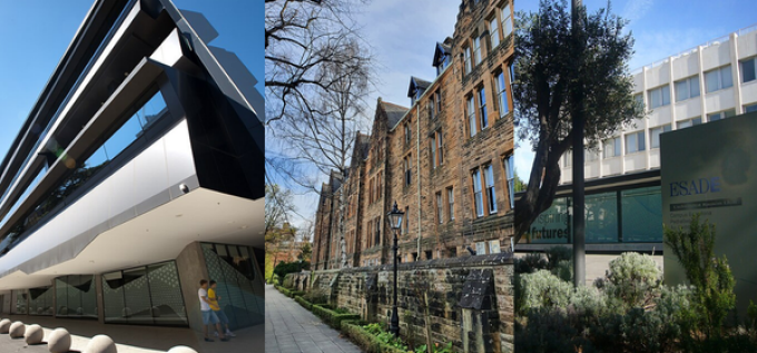 Three law school buildings shown side by side, featuring modern and historic campus architecture. 