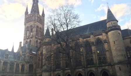 Exterior photo of the University of Glasgow in Scotland. 