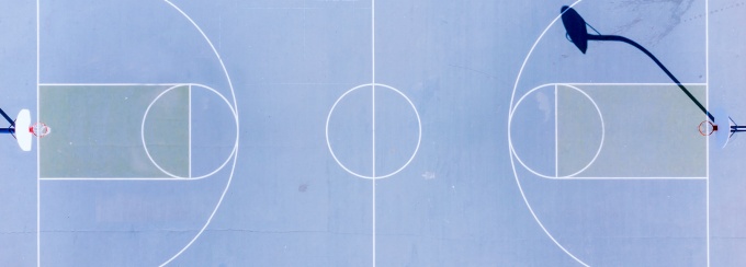 Aerial photo of an empty basketball court. 