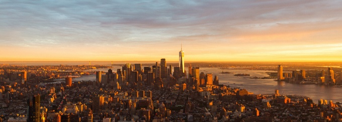 New York City skyline at dusk. 