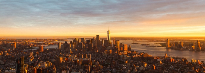 New York City skyline at dusk. 