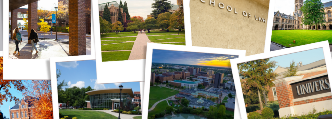 Polaroid collage of college campuses. 