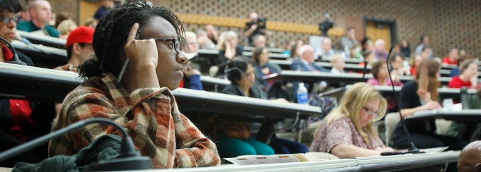 Students sitting in a lecture hall at UB School of Law. 