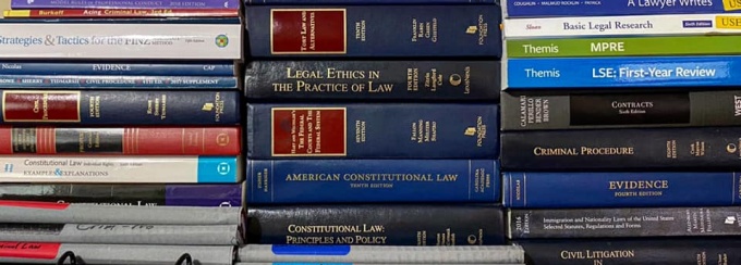 Close up image of three stacks of law textbooks. 