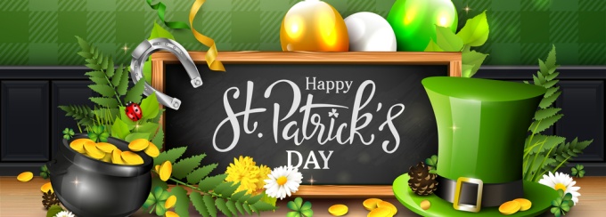 Graphic that says Happy St. Patricks Day with a pot of gold, green balloons, and a green top hat. 