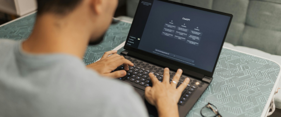 Person using a laptop displaying an AI chatbot interface. 