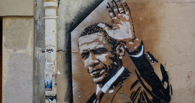 Painting of Barack Obama on Montmarte Wall. 