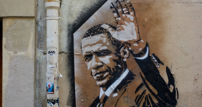 Painting of Barack Obama on Montmarte Wall.