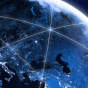 Illustration of Earth viewed from space with illuminated network lines connecting regions across Europe, Asia, and Africa, symbolizing global communication and connectivity. 