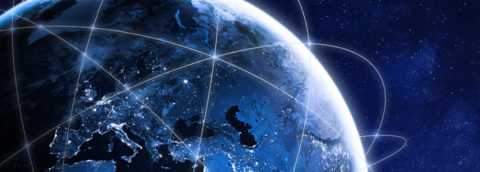 Illustration of Earth viewed from space with illuminated network lines connecting regions across Europe, Asia, and Africa, symbolizing global communication and connectivity. 