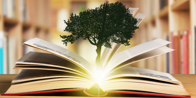 illustration of a tree growing out of an open book. 