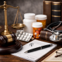 Landscape image showing a judge&rsquo;s gavel, scales of justice, prescription pill bottles, a stethoscope, and legal books arranged together to represent the intersection of pharmacy and law. 