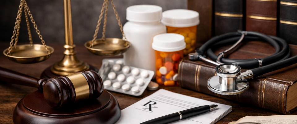 Landscape image showing a judge&rsquo;s gavel, scales of justice, prescription pill bottles, a stethoscope, and legal books arranged together to represent the intersection of pharmacy and law. 
