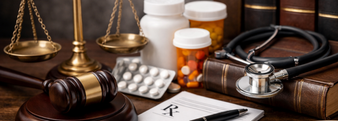Landscape image showing a judge’s gavel, scales of justice, prescription pill bottles, a stethoscope, and legal books arranged together to represent the intersection of pharmacy and law. 