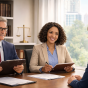 A young woman in her mid-20s sits confidently at a desk during a law school admissions interview, facing two interviewers&mdash;a man and a woman&mdash;who are both smiling and looking directly at her while holding clipboards. The setting is a bright, professional office with bookshelves, a scale of justice in the background, and large windows showing a city view. 