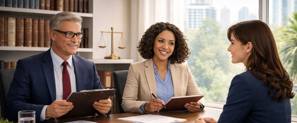 A young woman in her mid-20s sits confidently at a desk during a law school admissions interview, facing two interviewers&mdash;a man and a woman&mdash;who are both smiling and looking directly at her while holding clipboards. The setting is a bright, professional office with bookshelves, a scale of justice in the background, and large windows showing a city view. 